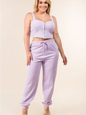 Lavender Two Piece Set-Bustier Crop Top and Jogger Loungewear Set- Plus Size